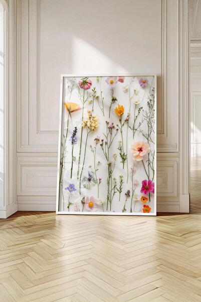 Buka Shops Preslenmiş Çiçekler Temalı Dekoratif Tablo - Beyaz Premium Çerçeveli