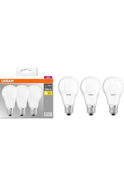 Osram Set 3 becuri LED cu soclu, A75, E27, 10W (75W), 1055 lm, lumină caldă (2700K), clasă energetică F