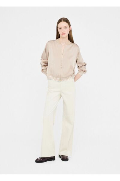 Liu Jo Women's Off-Shoulder Regular Fit Waist Logo Pattern Elsatik Tape Bomber Beige Jacket Tf5191T004A-60906