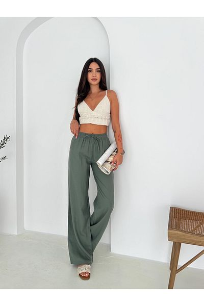 Ozy Fashion Khaki (Green) 100% Cotton Lace-Up Wide Leg Linen Trousers