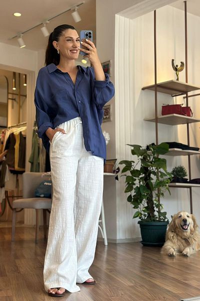 Unique Boutique White Wide Leg Linen Trousers with Elastic Waist and Laces