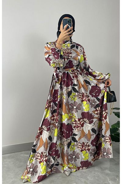 NİSUM MODA Floral Patterned Satin Hijab Dress