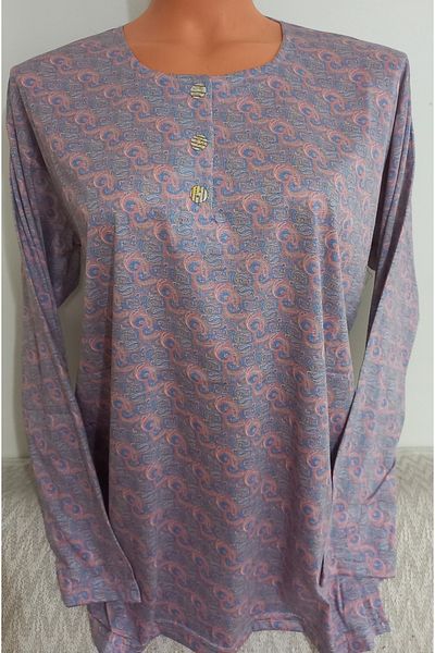 Anne Er Clothing Paper Print Blouse Long Sleeve 3 Buttons Patterned