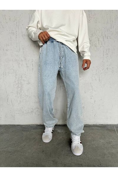 Gambocci Men's Slim Ice Blue Baggy Trousers with Elastic Waist