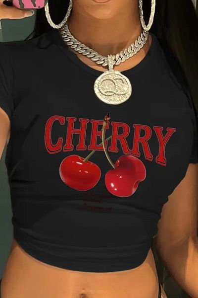 COOL TARZ Tricou crop imprimat pentru femei - model de cireșe, bluză de vară cu mânecă scurtă