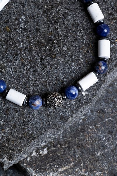 OSMANLI DOĞAL TAŞ Certified Sodalite, Hematite, Howlite Silver Apparatus Natural Stone Macrame Bracelet
