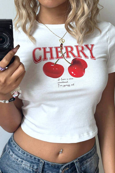 COOL TARZ Γυναικείο εμπριμέ Crop T-shirt - Καλοκαιρινή κοντομάνικη μπλούζα με σχέδιο κερασιού