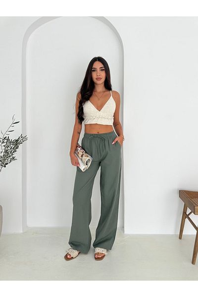 Ozy Fashion Khaki (Green) 100% Cotton Lace-Up Wide Leg Linen Trousers