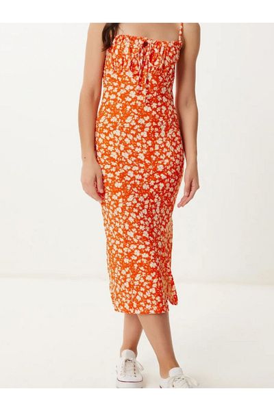 Heners Floral Patterned Slit Summer Knitted Dress Oranj