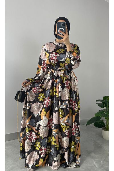 NİSUM MODA Floral Patterned Satin Hijab Dress