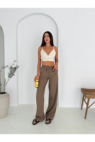 Ozy Fashion Brown 100% Cotton Lace-Up Wide Leg Linen Trousers