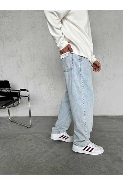 Gambocci Men's Slim Ice Blue Baggy Trousers with Elastic Waist
