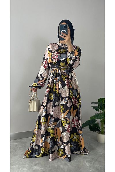 NİSUM MODA Floral Patterned Satin Hijab Dress