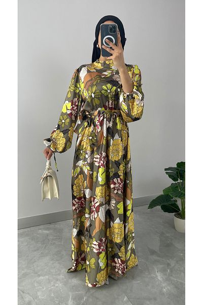 NİSUM MODA Floral Patterned Satin Hijab Dress