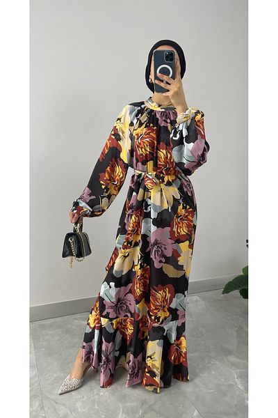 NİSUM MODA Floral Patterned Satin Hijab Dress