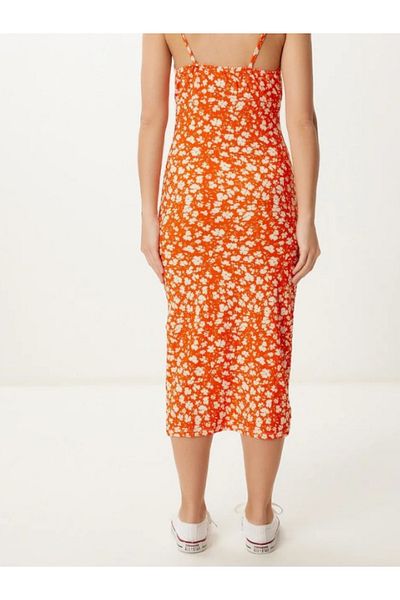 Heners Floral Patterned Slit Summer Knitted Dress Oranj