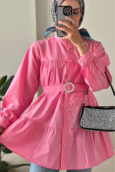 HİFADEN Women's Layered Hijab Shirt with Belt and Stone Button Detail
