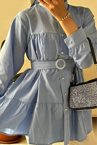 HİFADEN Kadın Kemer ve Taş Düğme Detaylı Kat Kat Tesettür Gömlek