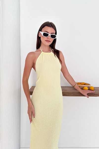 MOZENA Halter Neck Seersucker Long Dress with Slit Back