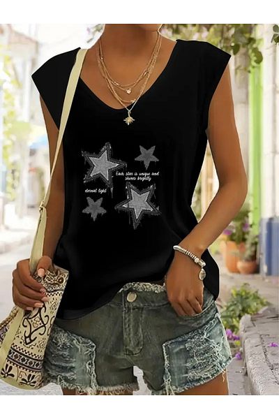 FUFLUNS Star Printed Women's Oversize Sleeveless T-Shirt
