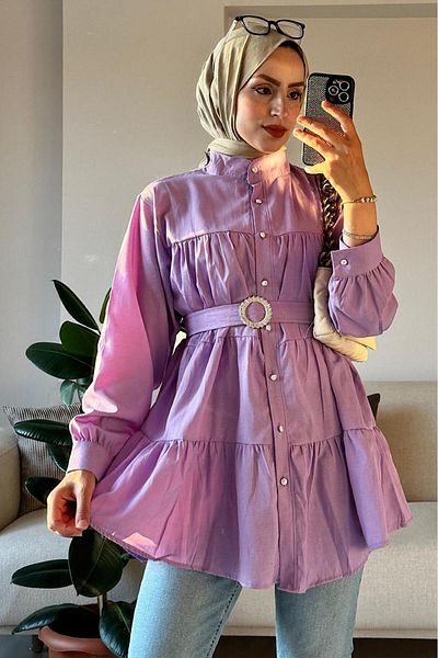 HİFADEN Women's Layered Hijab Shirt with Belt and Stone Button Detail