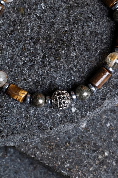 OSMANLI DOĞAL TAŞ Certified Tiger Eye, Pyrite, Citrine, Hematite Zircon Apparatus Natural Stone Macrame Bracelet