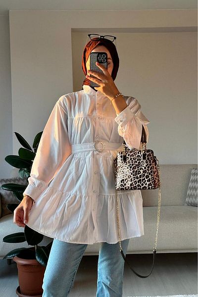 HİFADEN Women's Layered Hijab Shirt with Belt and Stone Button Detail