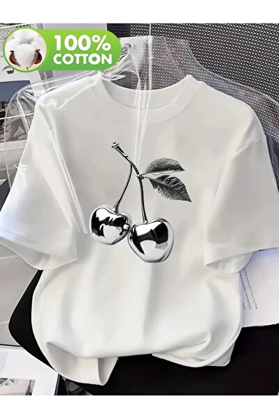 H&GHAMLEGİYİM Дамски сребрист принт с череши, за пролет/лято