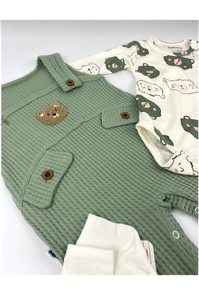 BabyWings Nafi̇tto Bear Embroidered Baby Boy Salopet Set of 3 – Bodysuit, Salopet and Socks