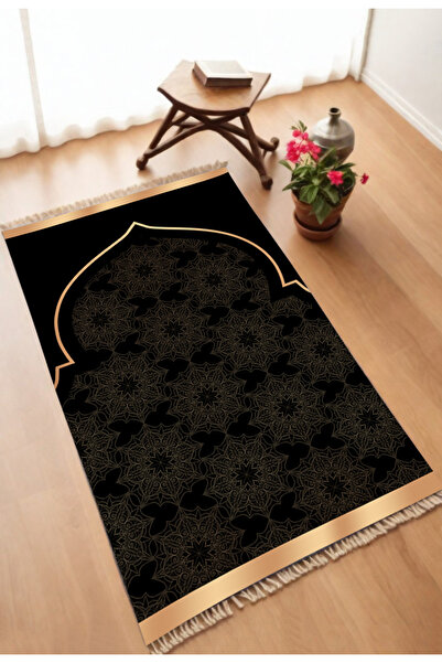 DEKOMOD سجادة صلاة مزخرفة مطبوعة رقمية سوداء غير قابلة للانزلاق مقاس 75 × 120