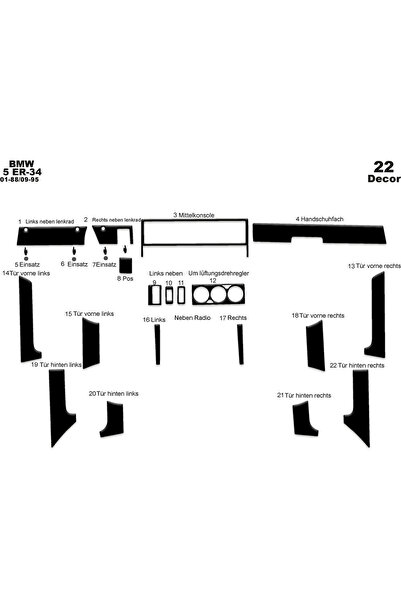 Marscockpitdesign Bmw 5 E34 كونسول متوافق مع توربيدو 1988-1995 22 قطعة