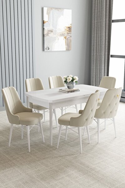 asaella mobilya Loft Beyaz 80x132 Açılabilir Mdf Masa Yemek Odası Takımı, Mutfak Takımı 6 Sandalye