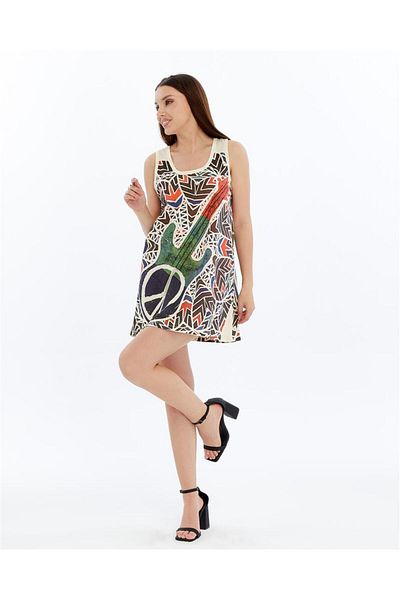 S-Ponder Women's Peace & Guitar Patterned 100% Cotton Colorful Boho Summer Mini Dress