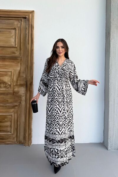 mezqa Γυναικείο φόρεμα με μακρύ μανίκι, ελαστική μέση, διπλό πέτο λαιμόκοψες,...