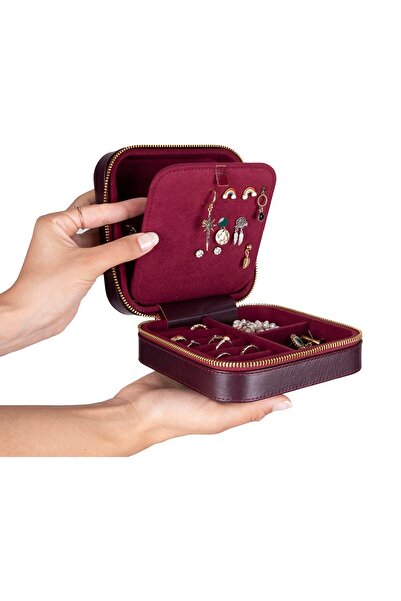 PLM Gerçek Deri Seyahat Boy Takı Organizer Kutusu, Mücevher Aksesuar Çantası, Küpe Kolye Yüzük Düzenleyi
