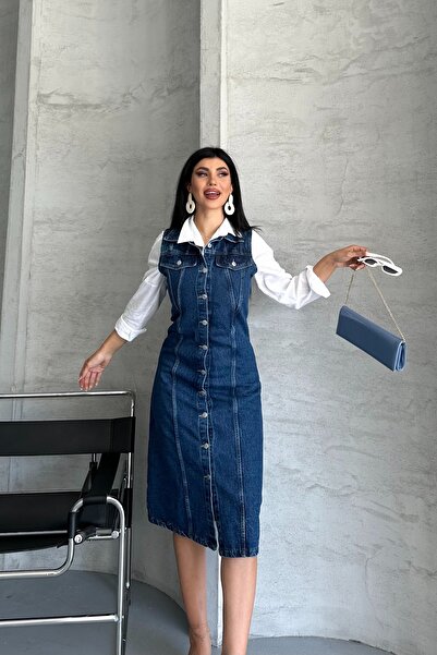 DESTEMODA Women's Denim Long Buttoned Tunic Double Pocket Vest Dark Blue 4515