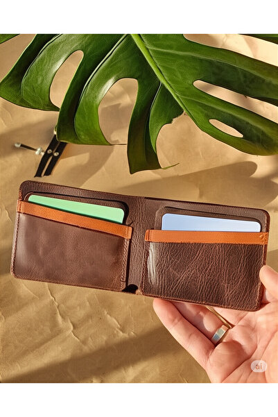 Muhtalif Markalar محفظة من الجلد الطبيعي لون كستنائي - 6 فتحات للبطاقات وحجرة...