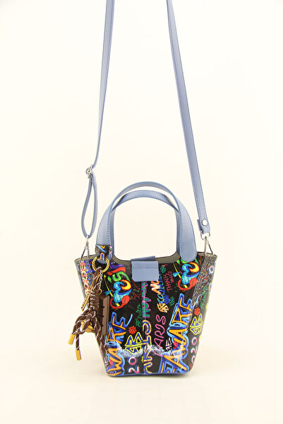 HNB Mini geantă de damă, albastru, negru, imprimată cu monogramă