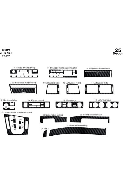 Marscockpitdesign BMW 3 Series E46 كونسول متوافق مع توربيدو 1998-2004 25 قطعة