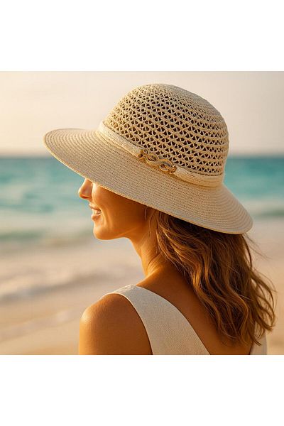 cotonhause Women's Mesh Knitted Straw Look Summer Beach Hat – Chain Detailed 24740-16