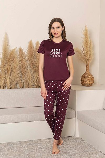 GUAVA+ Gloria Bordo Women's Short Sleeve Pajama Set with Polka Dots and Printed Pattern