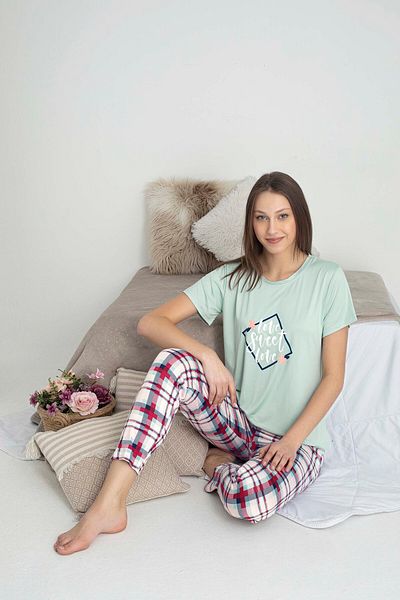 GUAVA+ Gloria Colorful Bottom Plaid Pattern Printed Women's Short Sleeve Pajama Set