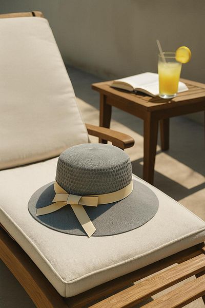 cotonhause Women's Gray Straw Look Summer Beach Hat – Cream Ribbon Detail 24740-14