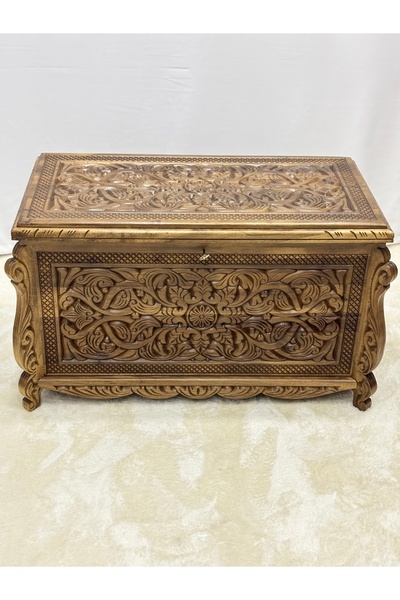 Arıkmert El Sanatları Maraş El Oyma Ceviz Ahşap Çeyiz Sandığı – 95x50x60 cm Büyük Boy Sandık | Aliye Natural Model