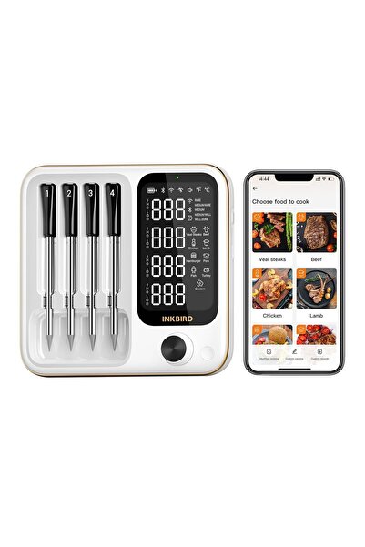 Inkbird مقياس حرارة لاسلكي للشواء INT-14-BW (واي فاي/بلوتوث/محلي، 4 مجسات، IP67)