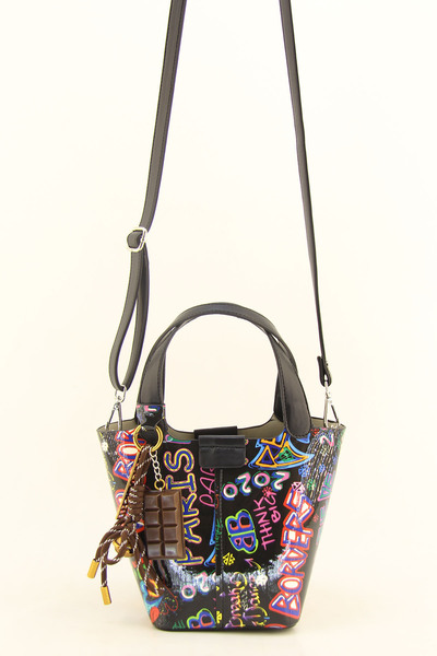 HNB Women's Black Monogram Printed Mini Bucket Bag