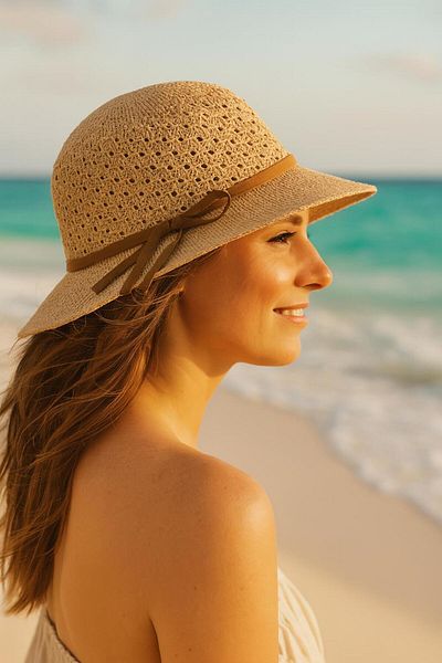 cotonhause Women's Natural Color Straw Look Summer Beach Hat – Leather Ribbon Detail 24740-15