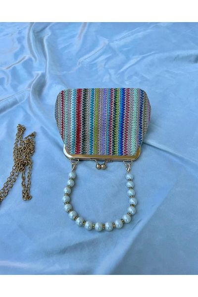 eflanmoda Women's Hand and Shoulder Bag with Straw Pearl Detail and Chain Strap