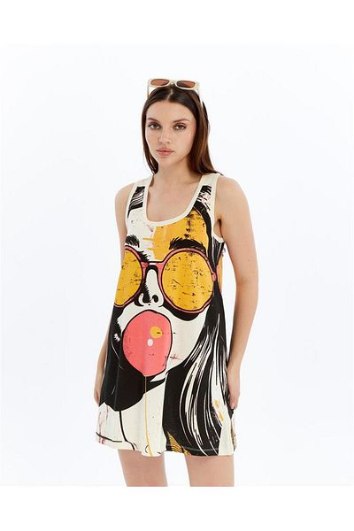 S-Ponder Women's Cotton Pop Art Printed Relaxed Fit Mini Dress - Summer Tunic