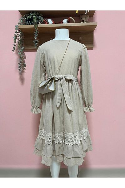 Cherrys Bebek Lace Detailed Belted Long Sleeve Girl's Dress